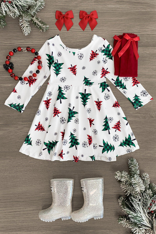 White Plaid Christmas Tree Dress - Sparkle in Pink