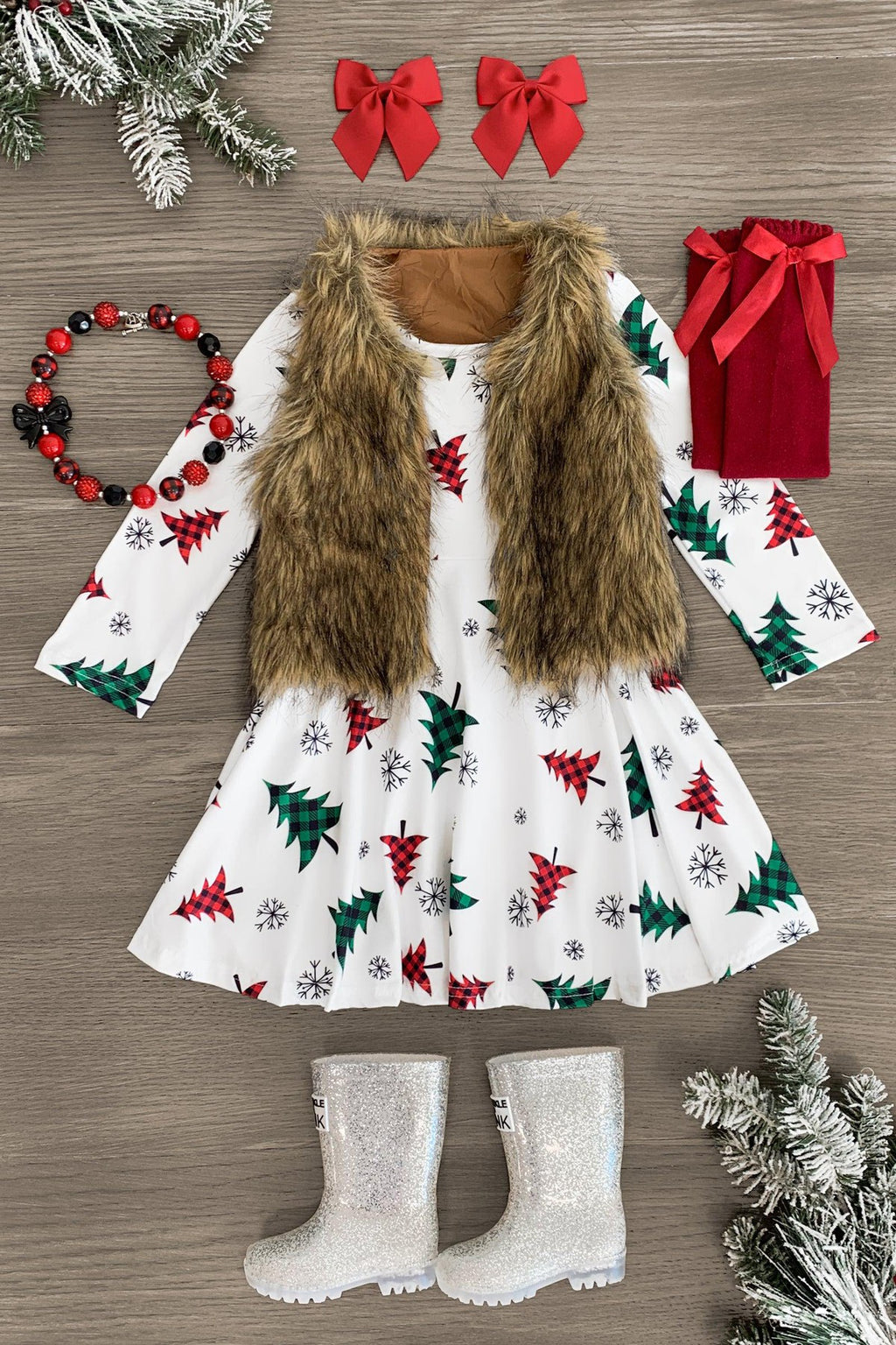 White Plaid Christmas Tree Dress - Sparkle in Pink