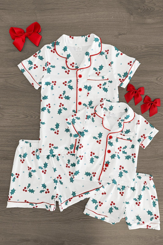 Mom & Me - White Holly Pajamas - CHILD-3XS-6-12 Months - White cotton short-sleeve pajamas with red holly berry print and red piping, matching adult and child sizes, accompanied by.