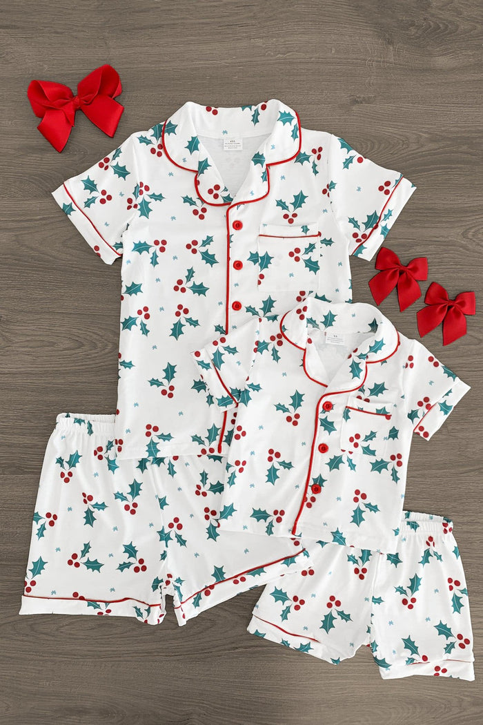 Mom & Me - White Holly Pajamas - CHILD-3XS-6-12 Months - White cotton short-sleeve pajamas with red holly berry print and red piping, matching adult and child sizes, accompanied by.