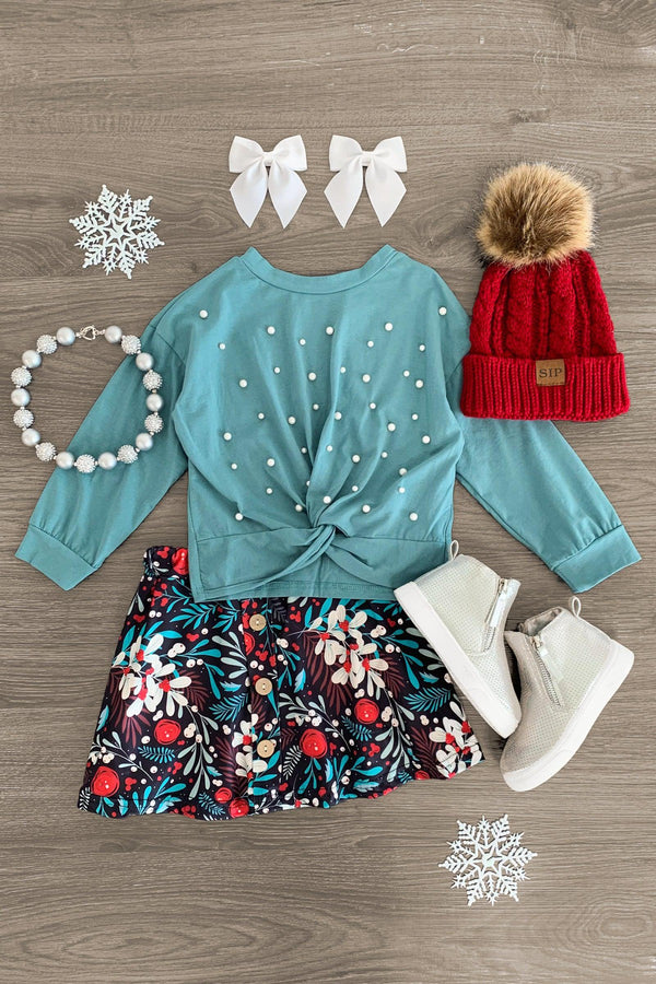 Teal Pearl Christmas Holly Skirt Set - Sparkle in Pink