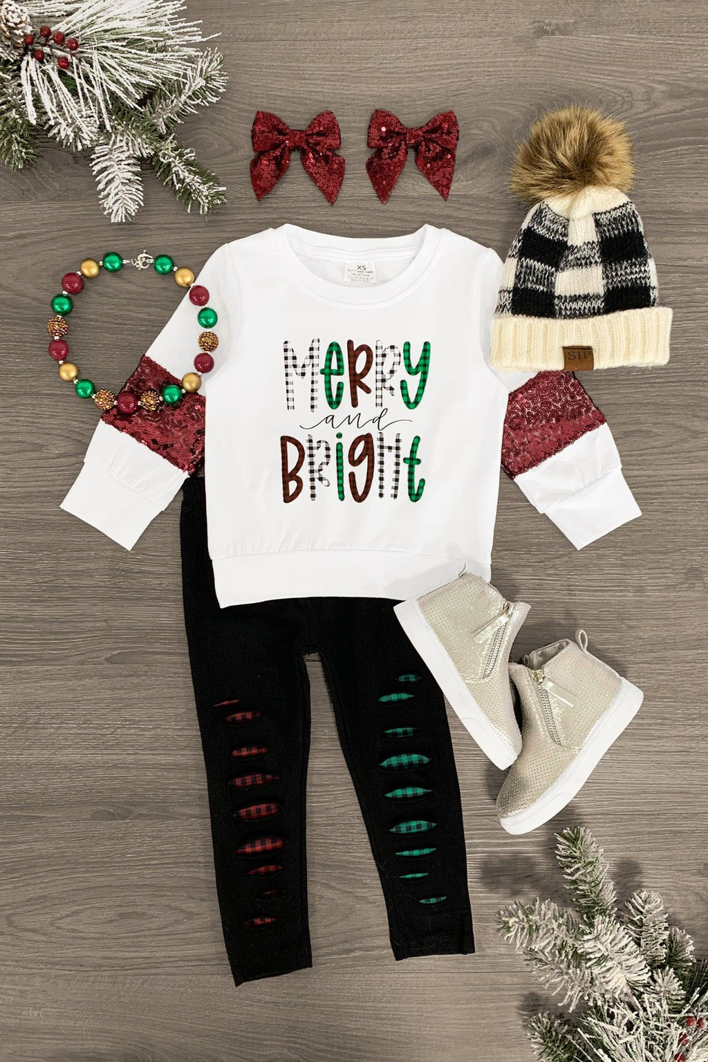 "Merry & Bright" White Sequin Legging Set - Sparkle in Pink