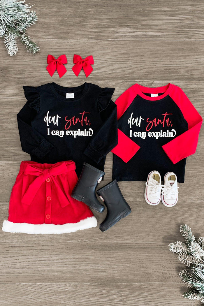 "Dear Santa, I Can Explain" Matching Boy or Girl Set - BOY-3XS-6-12 Months-FAMILY - Matching black and red long-sleeve "Dear Santa, I Can Explain" toddler shirts with red skirt, red bows, black boots, and.