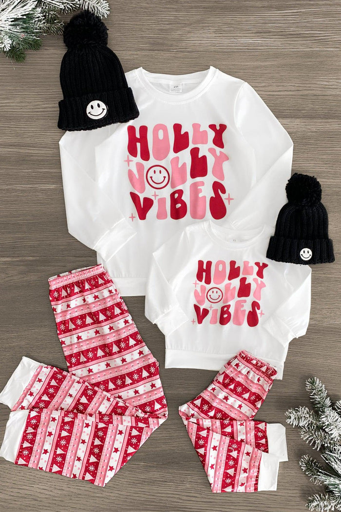 Mom & Me - "Holly Jolly Vibes" Pajama Set - CHILD-3XS-6-12 Months - Matching white long-sleeve tops with "Holly Jolly Vibes" red and pink text and snowman graphic, paired with red, pink, and.