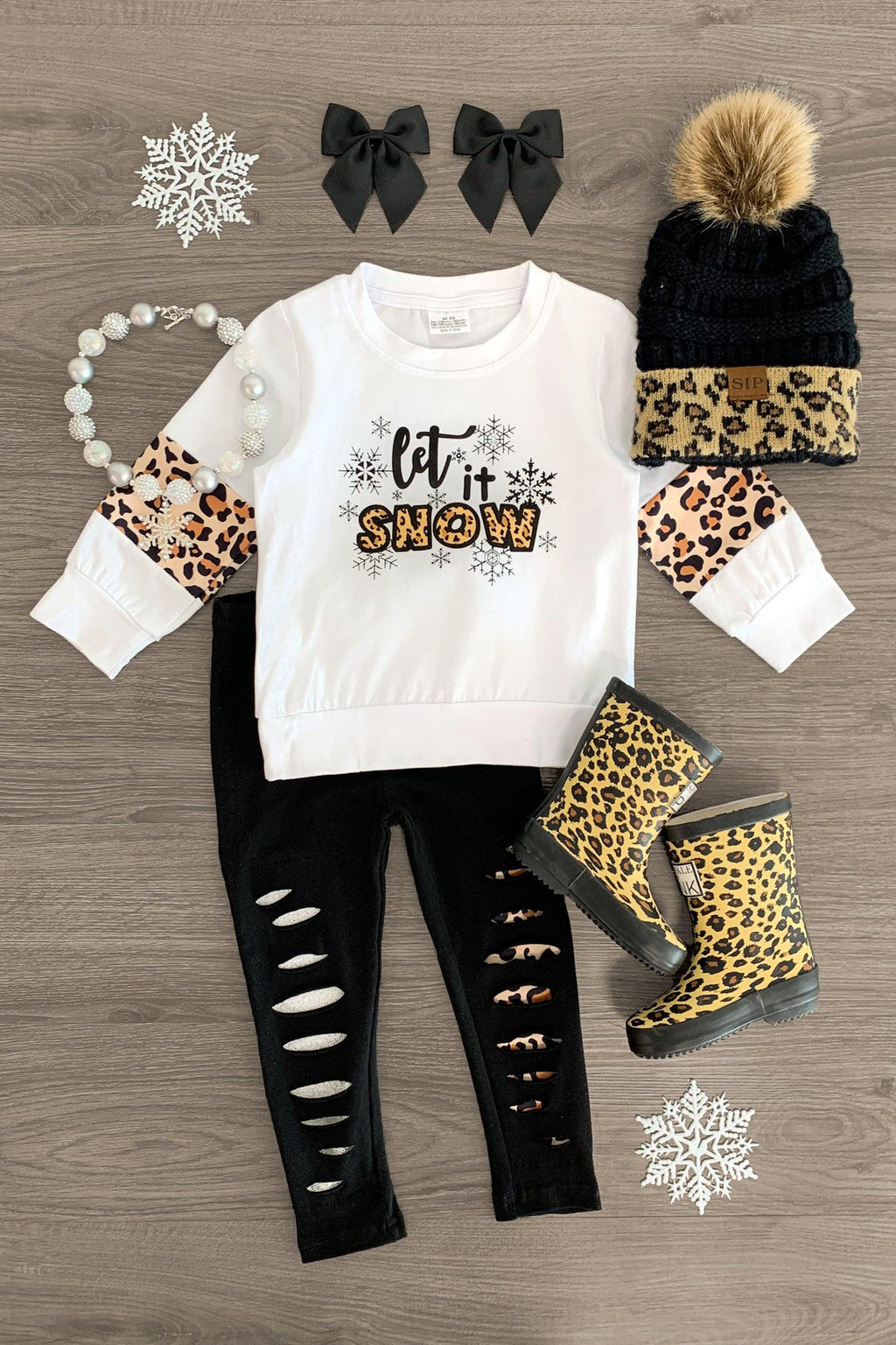 "Let It Snow" Distressed Legging Set - Sparkle in Pink