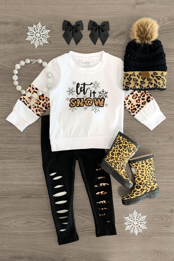"Let It Snow" Distressed Legging Set - Sparkle in Pink