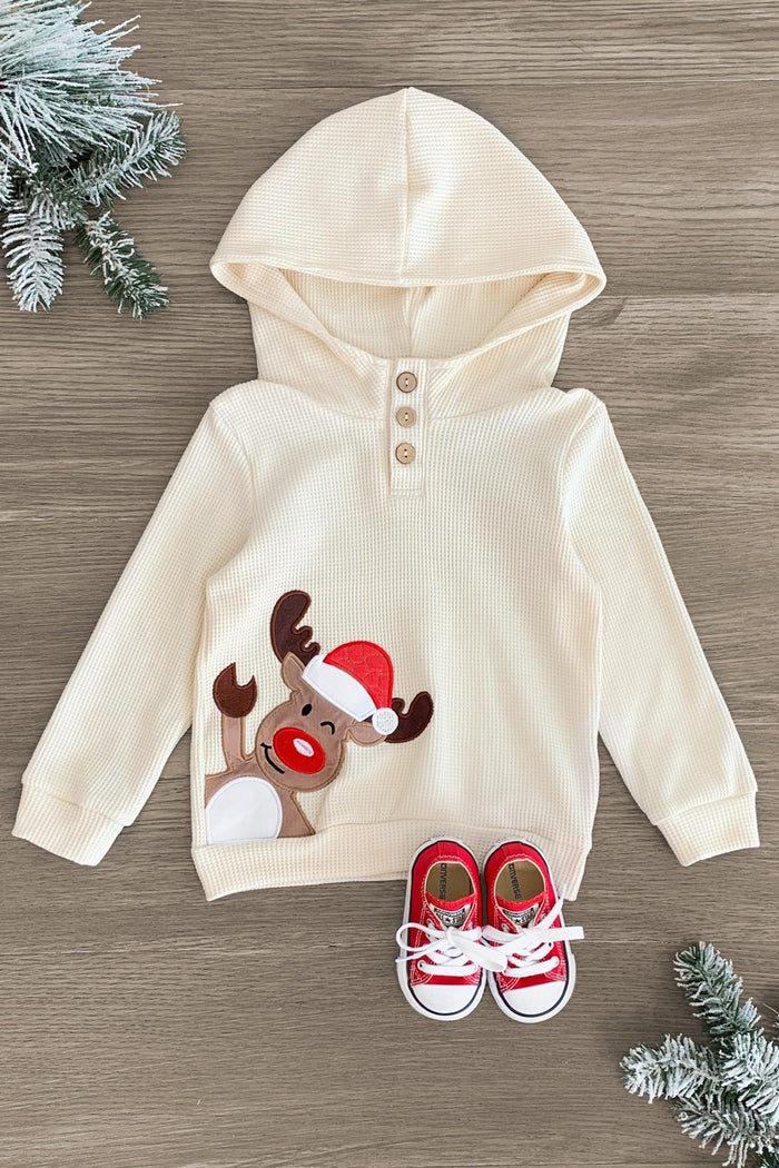 Cream Waffle Knit Reindeer Hoodie - 3XS-6-12 Months - Cream waffle knit hoodie with hood, three wooden buttons, and reindeer wearing Santa hat applique.
