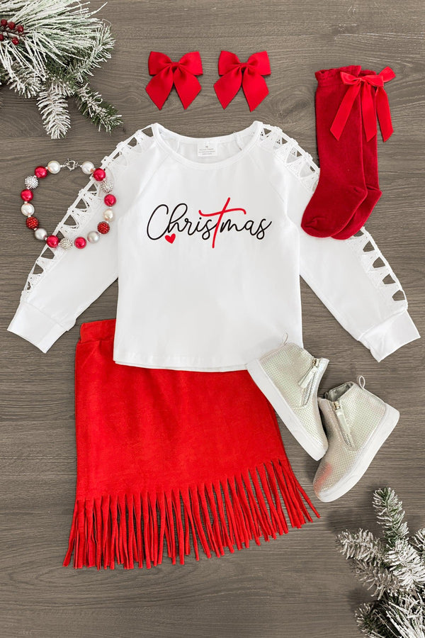 "Christmas" Red Suede Fringe Skirt Set - Sparkle in Pink