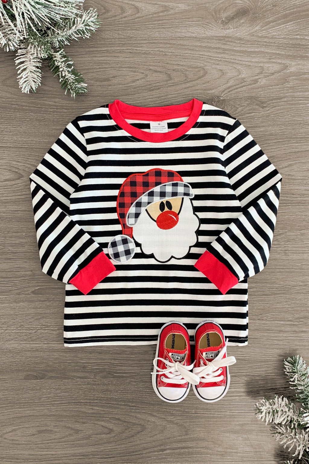 Black & White Stripe Plaid Santa Top - Sparkle in Pink