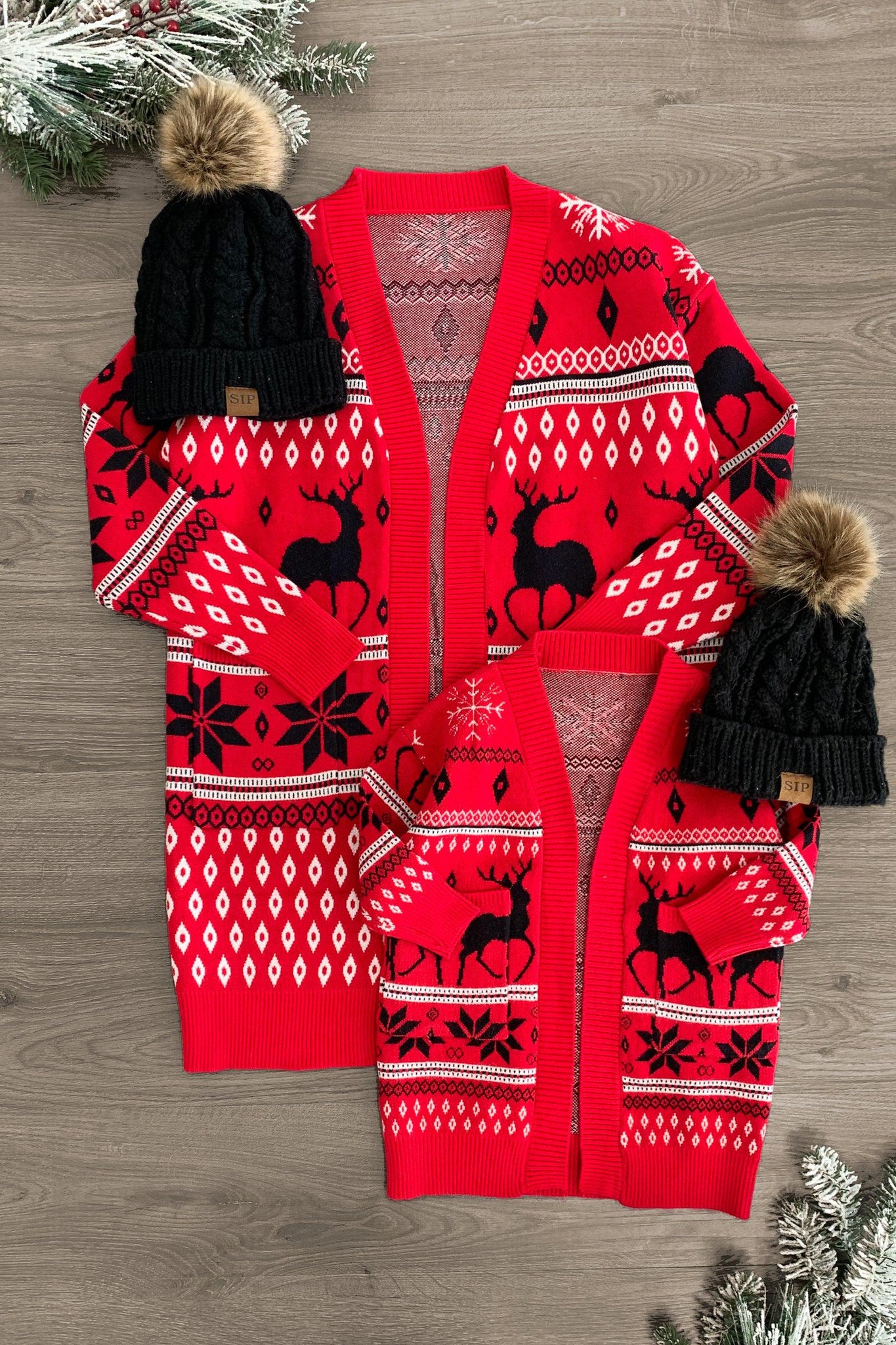 Mom & Me - Red Nordic Snowflake Cardigan - Sparkle in Pink