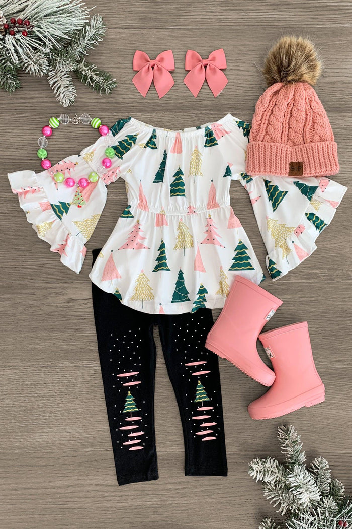 Pink & Green Christmas Tree Legging Set - 3XS-6-12 Months - Toddler outfit with white bell-sleeve top featuring pink and green Christmas trees, black ripped leggings, pink boots, pink.