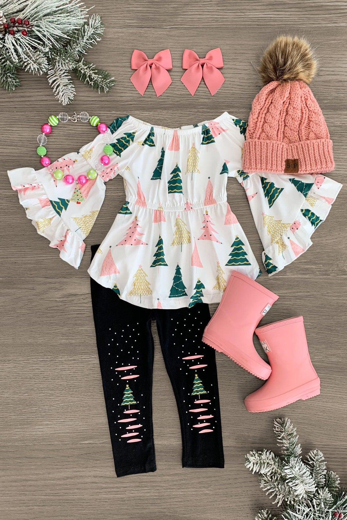 Pink & Green Christmas Tree Legging Set - Sparkle in Pink