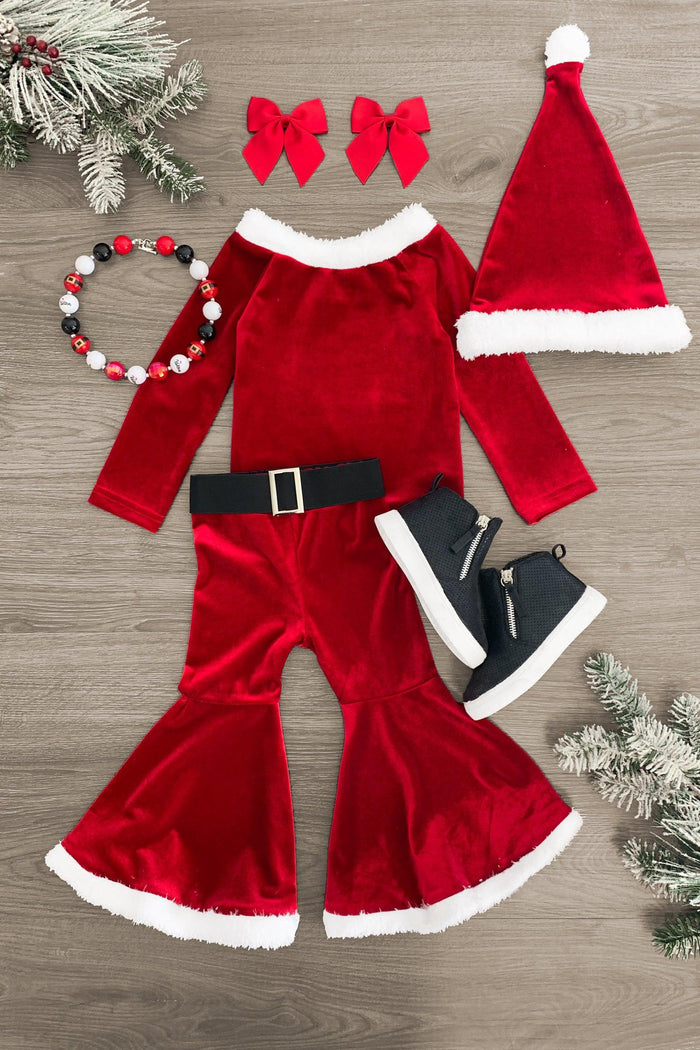 Santa Claus Bell Bottom 4 Piece Set - 3XS-6-12 Months - Red velvet Santa Claus bell bottom outfit with black belt, matching hat, red bows, and black shoes.