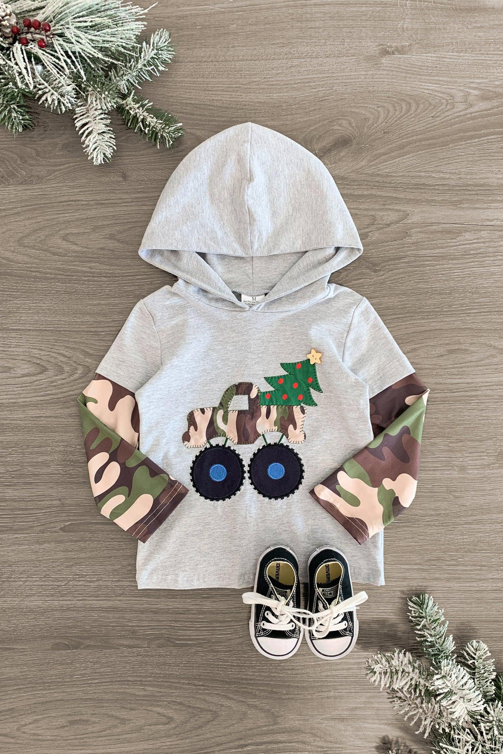 Camo Christmas Hooded Long Sleeve Top - Sparkle in Pink