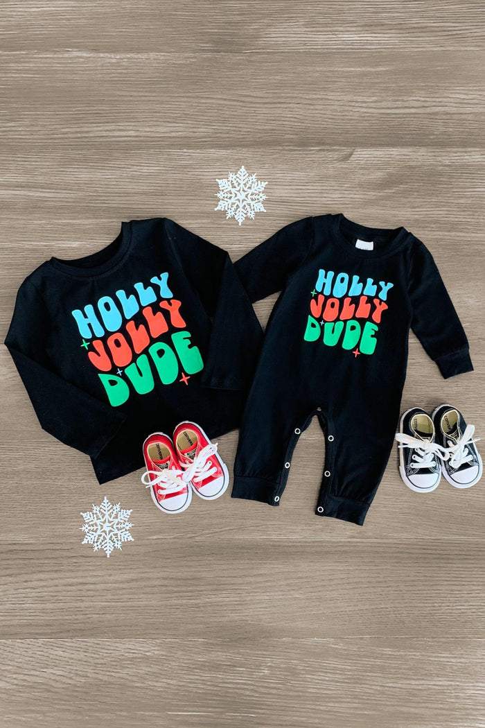 "Holly Jolly Dude" Long Sleeve Top or Romper - 0-3 Months - Black long sleeve toddler top and romper with colorful "Holly Jolly Dude" text in blue, red, and green letters.