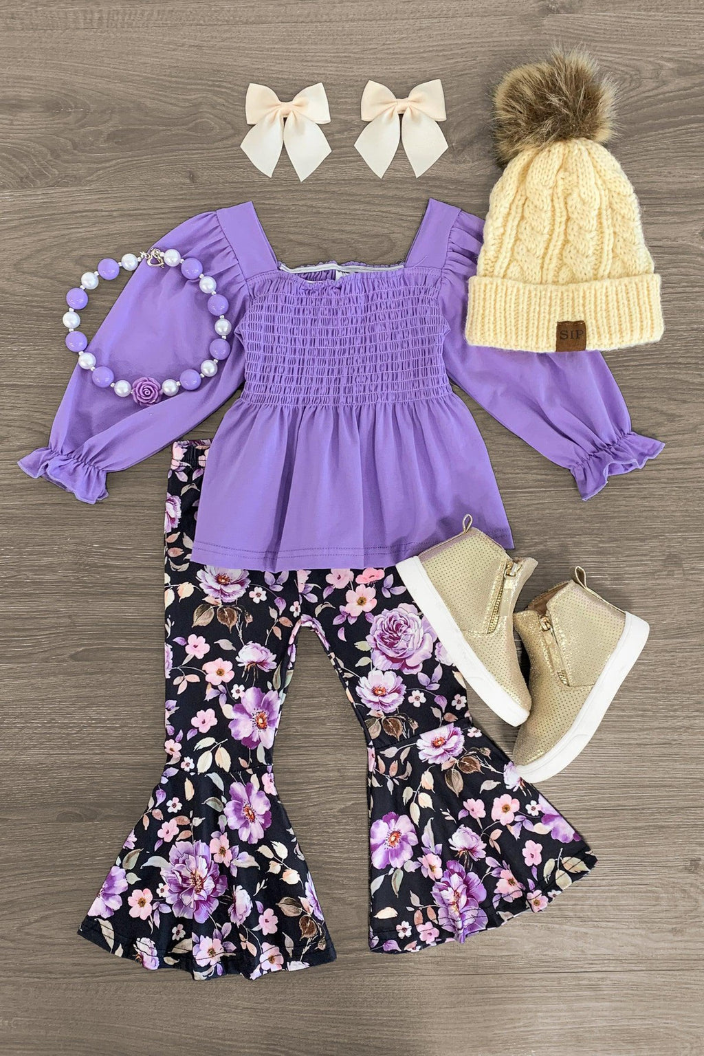 Black & Purple Floral Bell Bottom Set - Sparkle in Pink