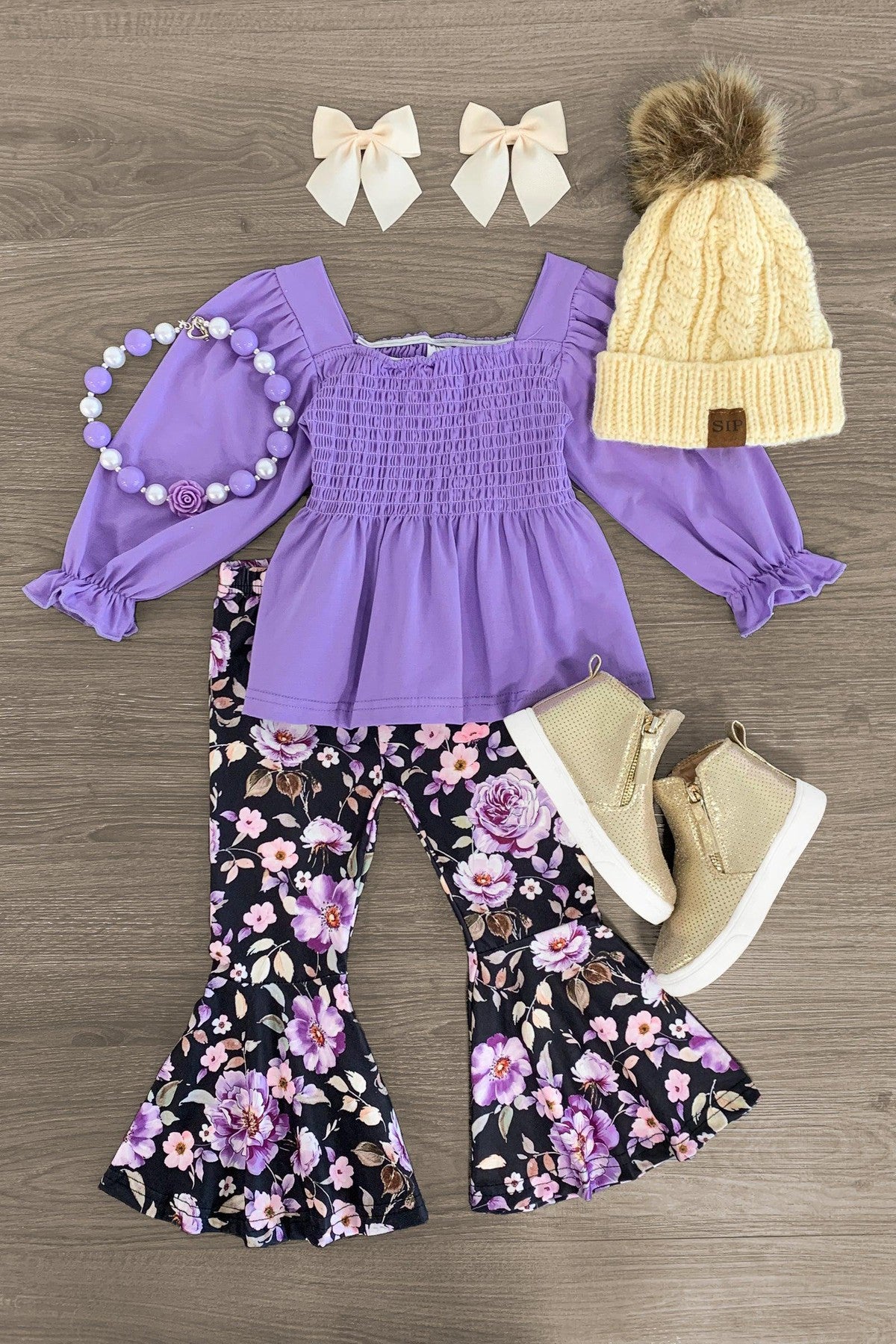 Black & Purple Floral Bell Bottom Set - Sparkle in Pink