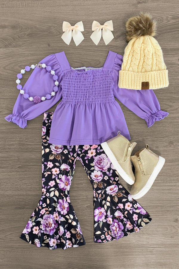 Black & Purple Floral Bell Bottom Set - Sparkle in Pink