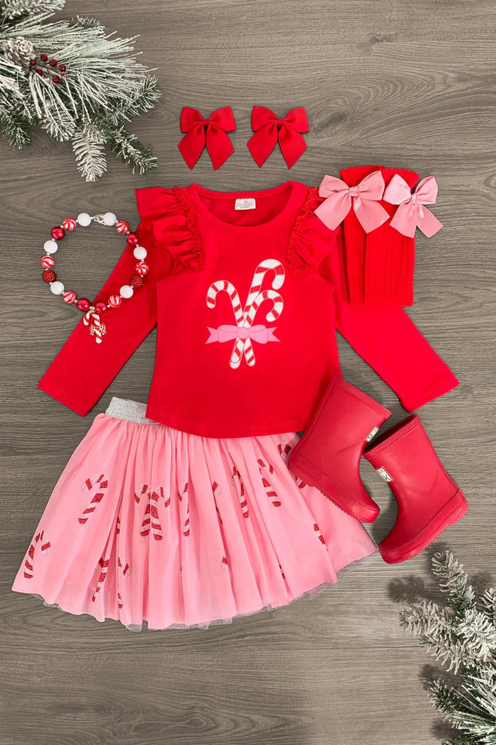 Red & Pink Candy Cane Tutu Skirt Set - 3XS-6-12 Months - Red long-sleeve top with candy cane graphic, pink tutu skirt with candy cane cutouts, red tights with pink bows, red boots,.