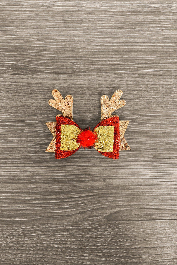Red & Gold Glitter Reindeer Bow - Sparkle in Pink