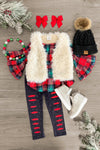 Red Plaid Bell Sleeve Fur Vest Set - Sparkle in Pink