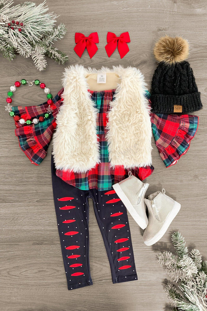 Red Plaid Bell Sleeve Fur Vest Set - 3XS-6-12 Months - Red plaid bell sleeve top with white faux fur vest, navy leggings with red fish, red hair bows, black knit hat with faux fur .