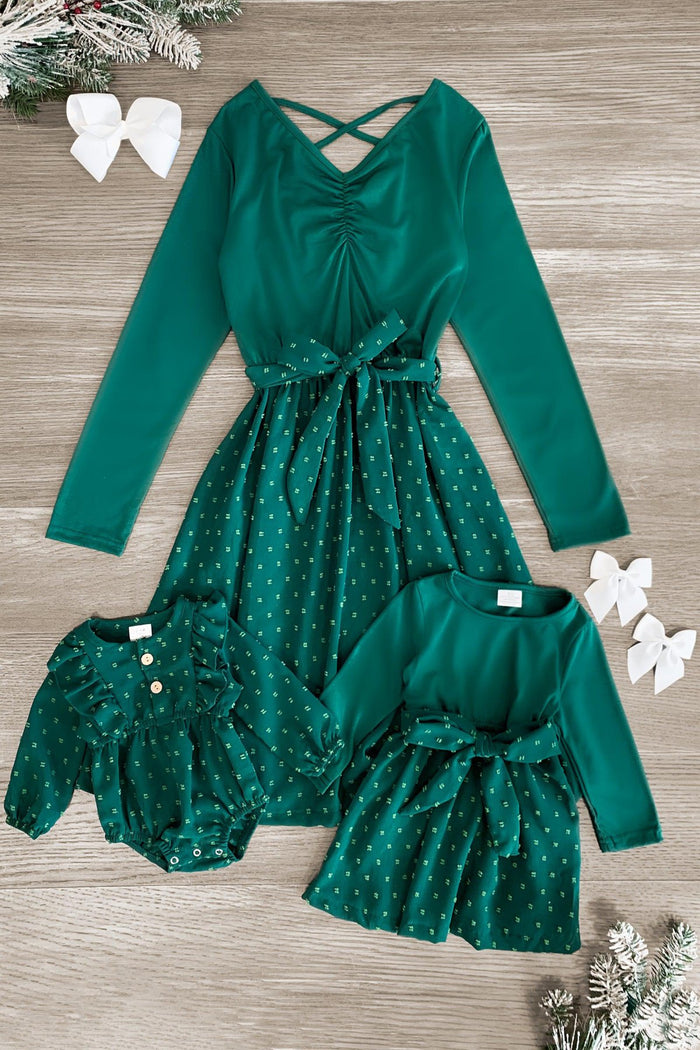 Mom & Me - Green Swiss Dot Dress - CHILD-3XS-6-12 Months - Green long-sleeve women's dress with ruched front and green Swiss dot skirt with waist tie, styled with matching green baby.