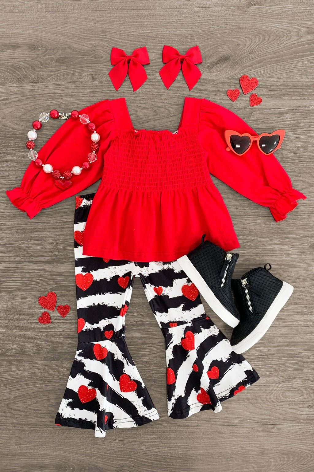 Red Heart Striped Bell Bottom Set - Sparkle in Pink