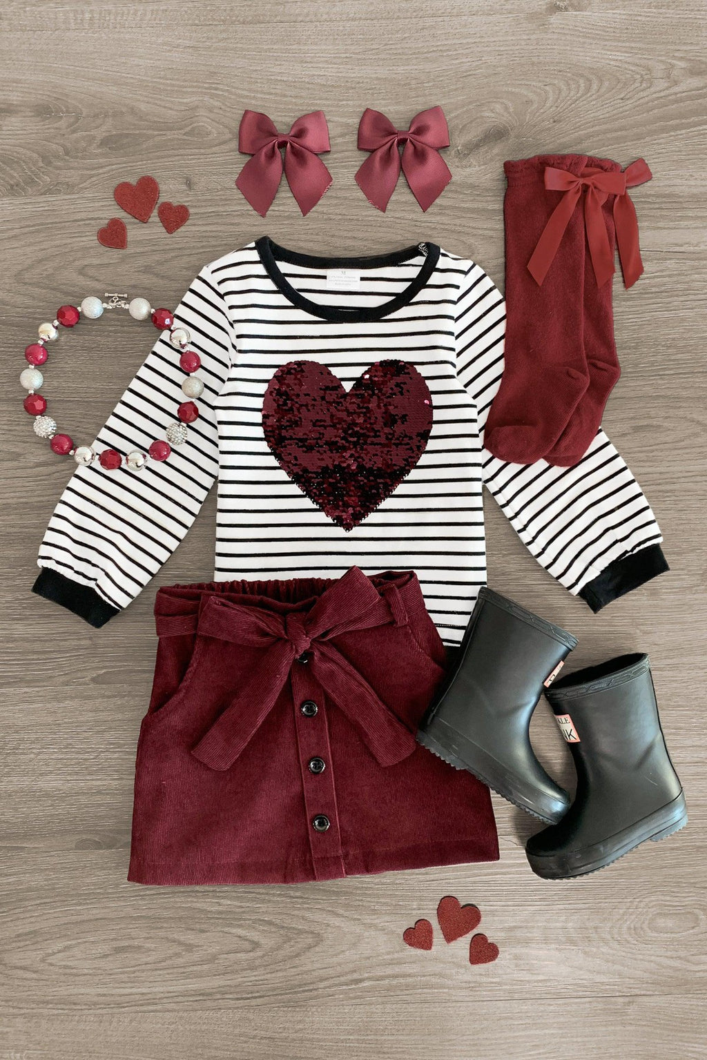 Striped Heart Burgundy Skirt Set - Sparkle in Pink