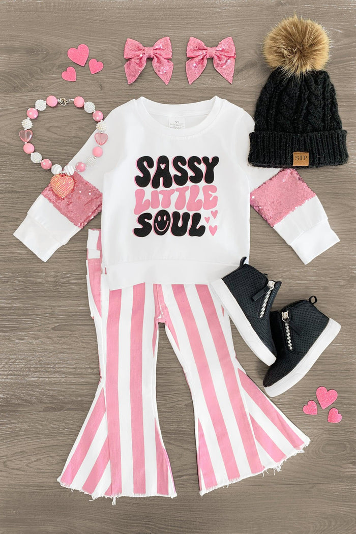 "Sassy Little Soul" Striped Bell Bottom Set - 3XS-6-12 Months - White long-sleeve shirt with "Sassy Little Soul" text paired with pink and white striped bell-bottom pants.