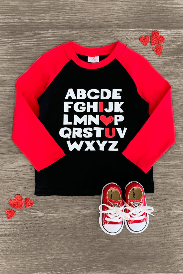 "I Love U" Black & Red Top - 3XS-6-12 Months - Black long-sleeve toddler top with red sleeves and bold white and red "I Love U" alphabet print on front.