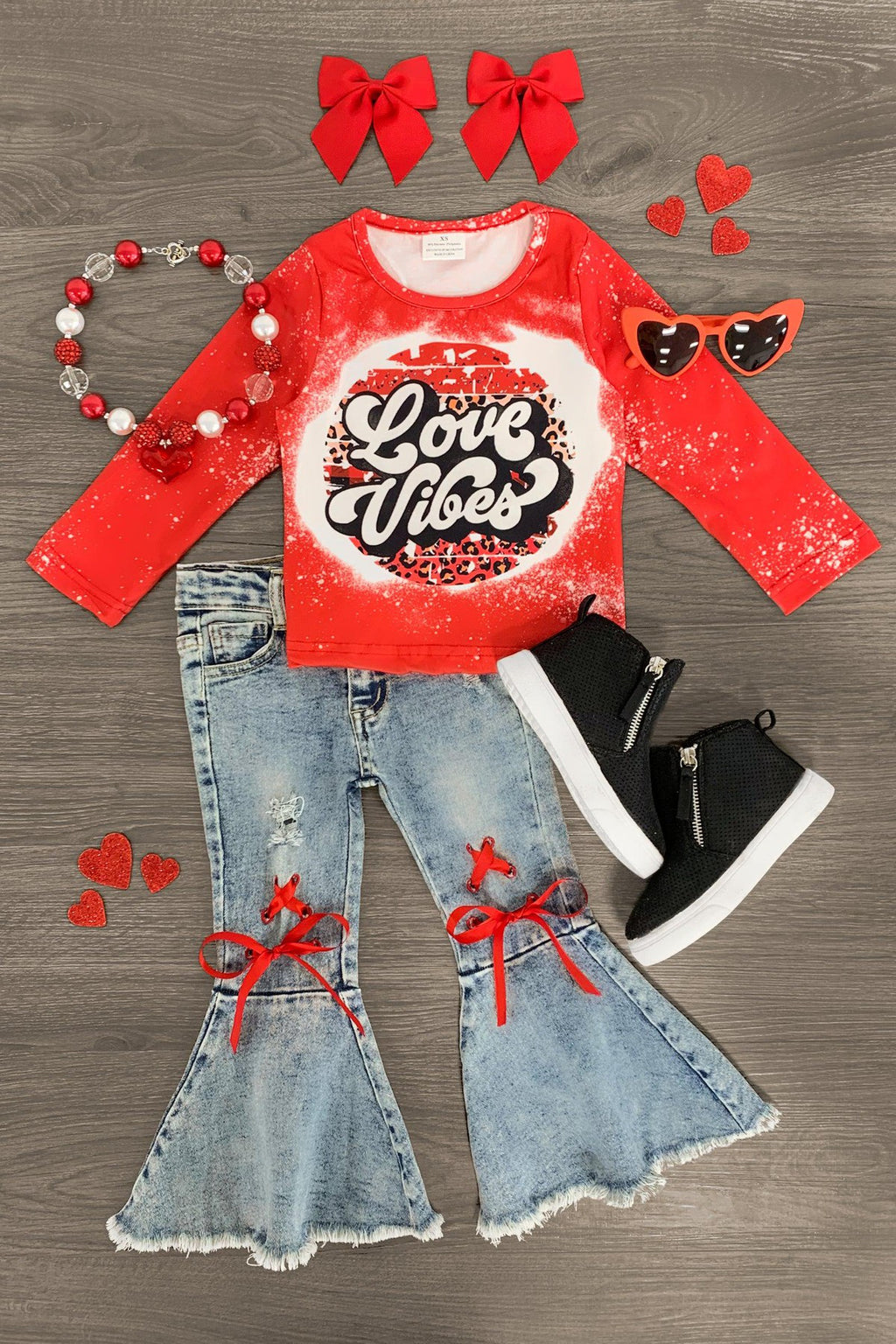 "Love Vibes" Denim Bell Bottom Set - Sparkle in Pink