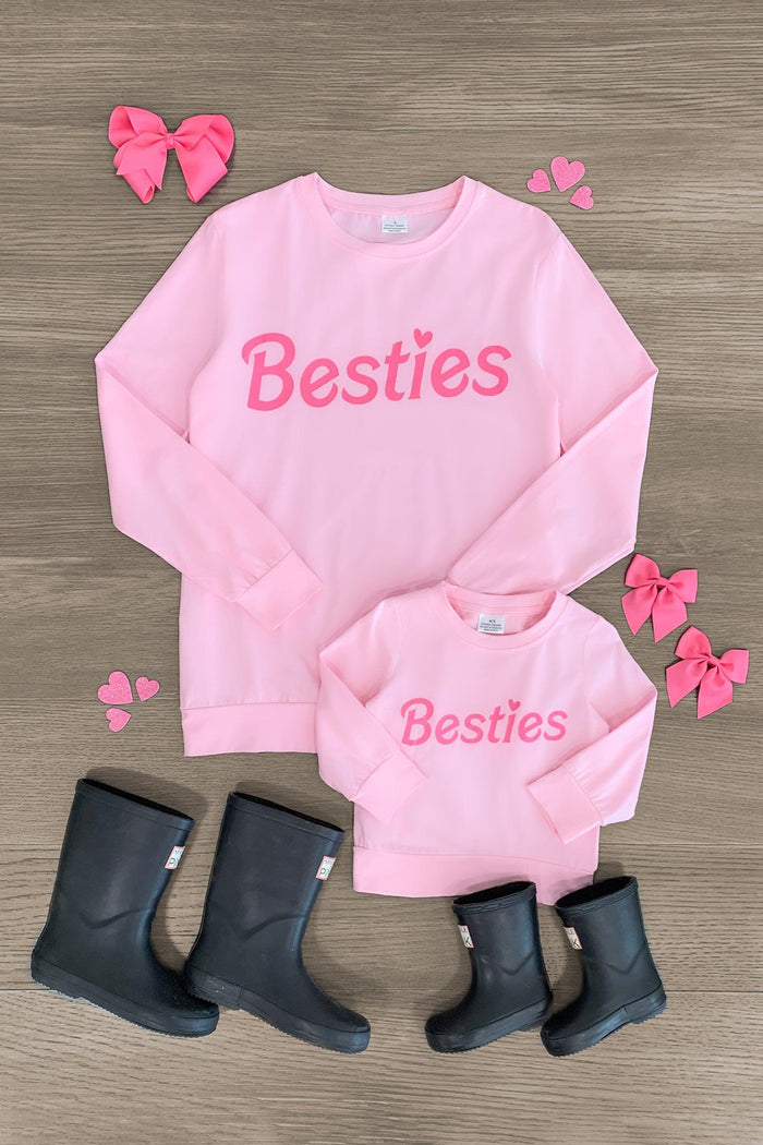 Mom & Me - "Besties" Pink Long Sleeve Top - BABY-0-3 Months-FAMILY - Matching pink long sleeve tops with "Besties" script, paired with black rain boots and pink bows.