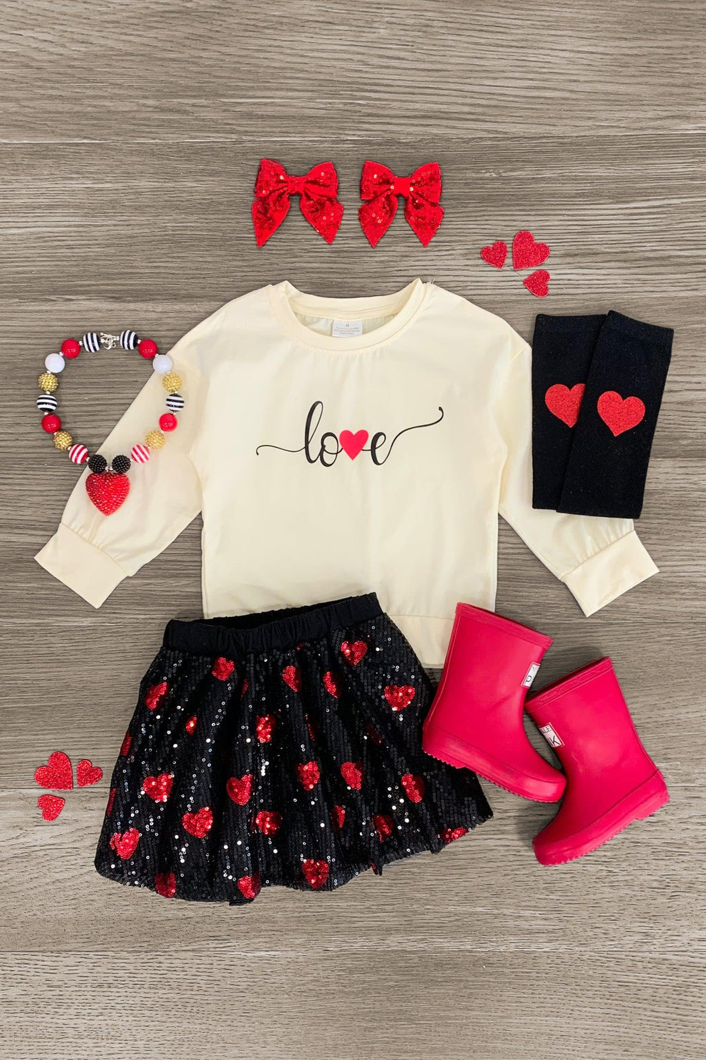 "Love" Hearts & Sequins Skirt Set - Sparkle in Pink