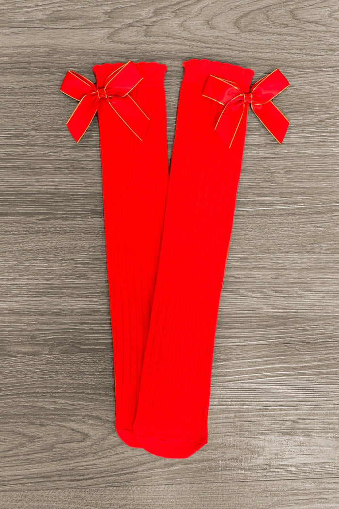 Red & Gold Bow Socks - Default Title - Bright red knee-high socks with decorative gold-trimmed bows at the top.
