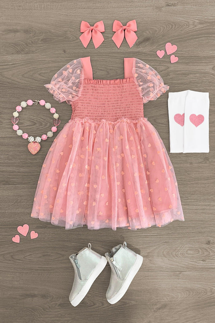 Heart Tulle Dress for Valentine's - Two Colors! - Pink / 3XS-6-12 Months - Pink heart-patterned tulle dress with puff sleeves, matching pink bows, heart tights, beaded necklace, and white boots.