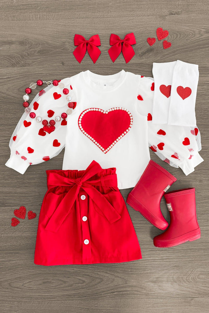 Hearts & Pearls Red Skirt Set or Onesie - GIRL-3XS-6-12 Months-FAMILY - White onesie with large red heart, red bow skirt, white leggings with hearts, red rain boots, and red bow hair clips.