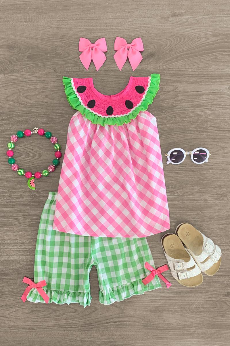 Green & Pink Gingham Watermelon Short Set - Sparkle in Pink