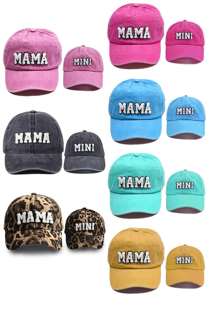 Mom & Me - "Mama & Mini" Baseball Cap - Child / Pink - Set of matching mom and child baseball caps in pink, gray, blue, mint, mustard, and cheetah print, featuring "MAMA" on adult .