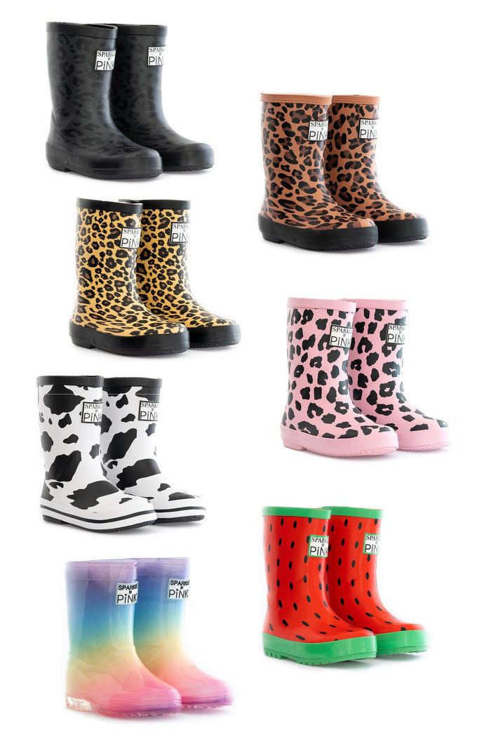 Sparkle In Pink Premium Patterned Boots - Black Cheetah / KIDS-5T - Solid black, brown cheetah, yellow cheetah, pink cheetah, black and white cow, rainbow gradient, and red watermelon design.