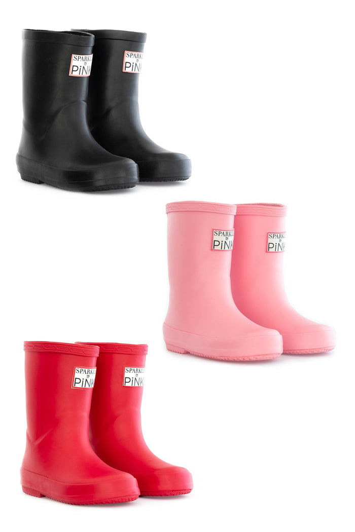 Sparkle In Pink Premium Solid Color Boots - Black / KIDS-5T - Kids' solid color rain boots in black, pink, and red with front logo patch.