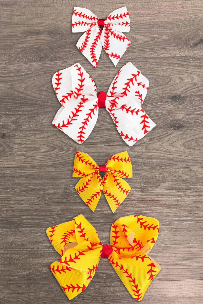 Softball & Baseball Bows - Yellow / Small - Four softball and baseball style bows in two colors, white with red stitching and yellow with red stitching, displayed on a.