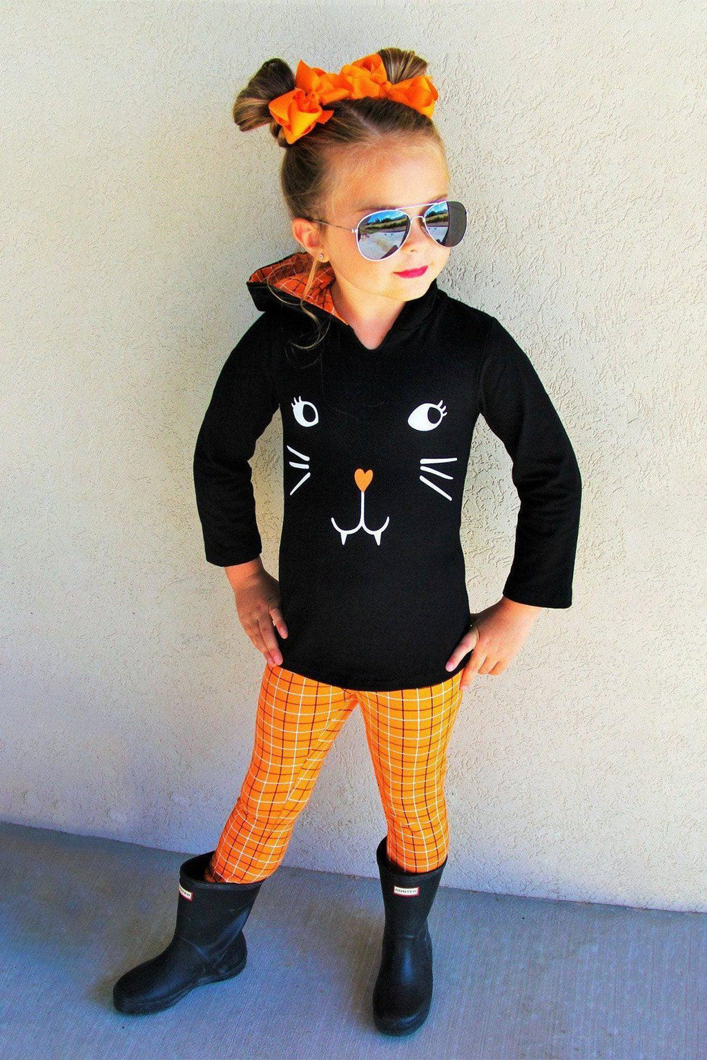 Black Cat Orange Plaid Hoodie Set - Sparkle in Pink