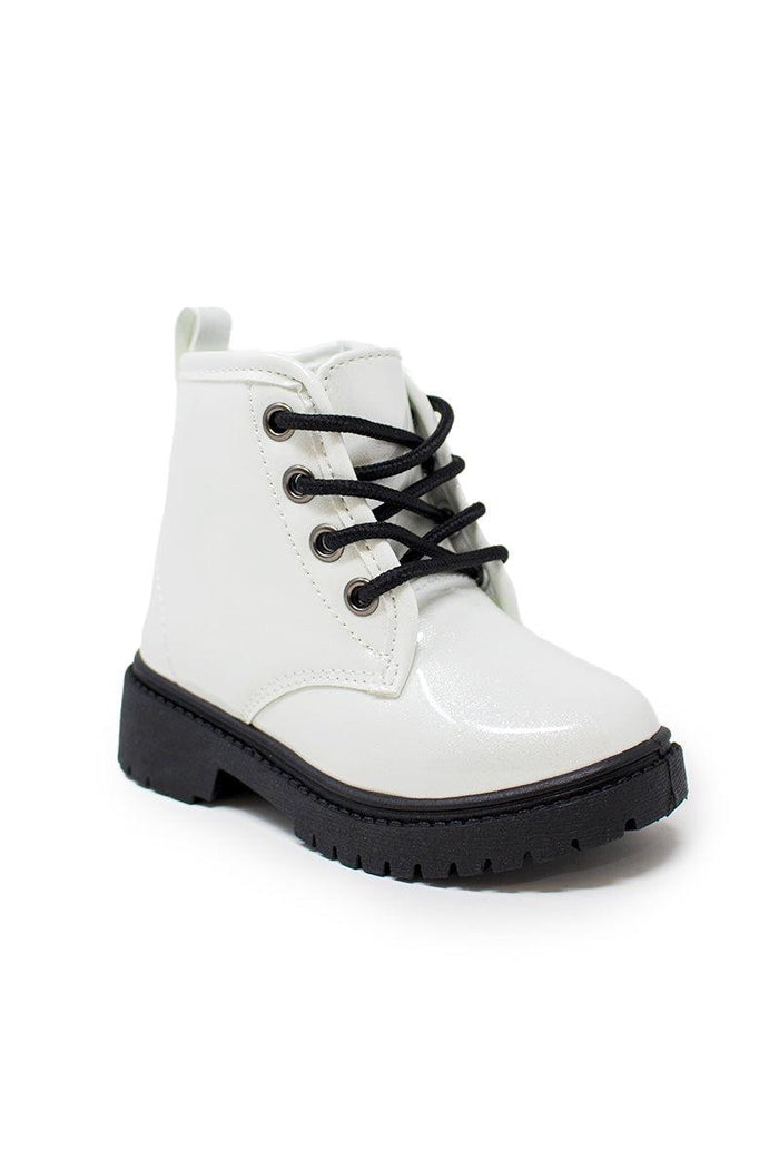 White Glitter Lace-Up Combat Boots - KIDS-5T - White glossy kids' combat boot with black laces and thick black sole.