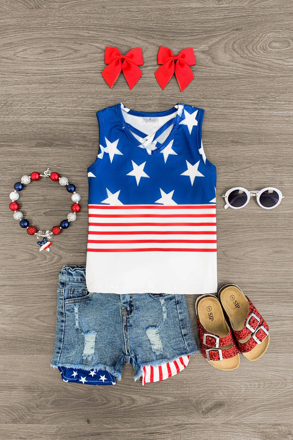 American Flag Criss Cross Tank Short Set - Sparkle in Pink