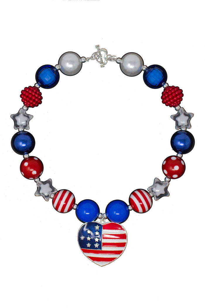 American Flag Heart Bubblegum Necklace - Default Title - Chunky necklace with American flag heart pendant, red, white, and blue beads, and silver star accents.