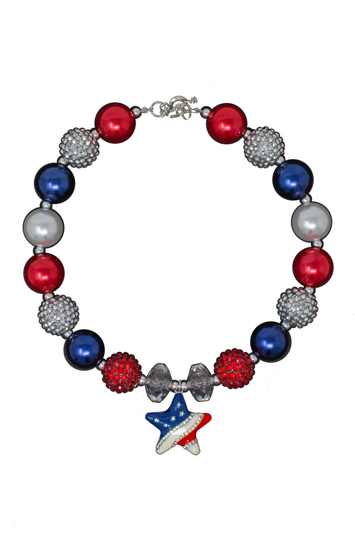 American Star Bubblegum Necklace - Default Title - Silver chain necklace with red, white, and blue round beads and a star-shaped pendant decorated in American flag colors.