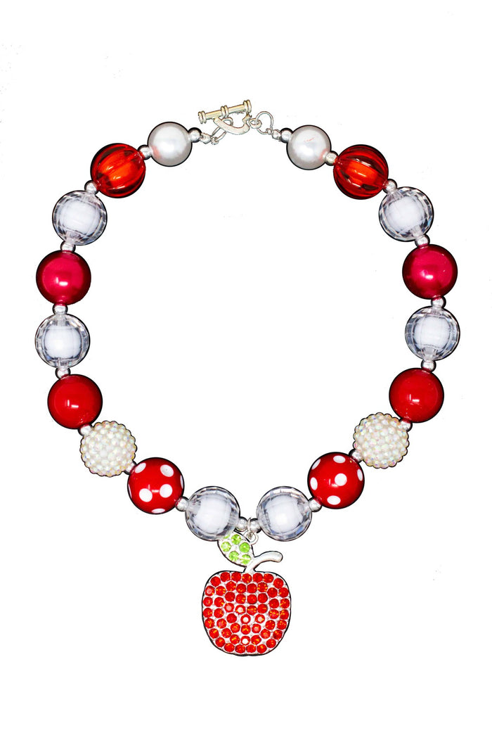 Apple Bubblegum Necklace - Default Title - Red and white beaded necklace with a sparkling red apple charm pendant.
