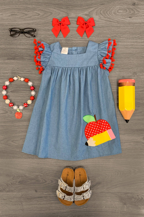 Apple Pom Pom Chambray Dress - Sparkle in Pink
