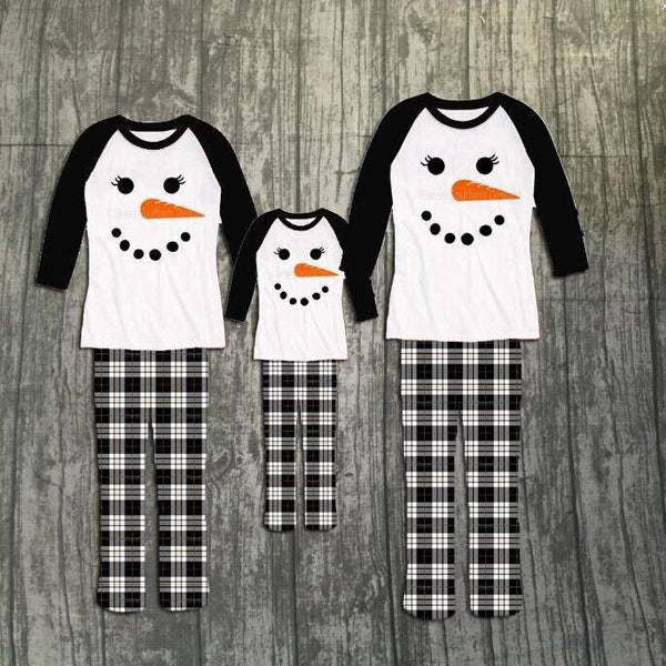 B&W Plaid Snowman Family Christmas Pajamas - AND PET BANDANA! - Sparkle in Pink